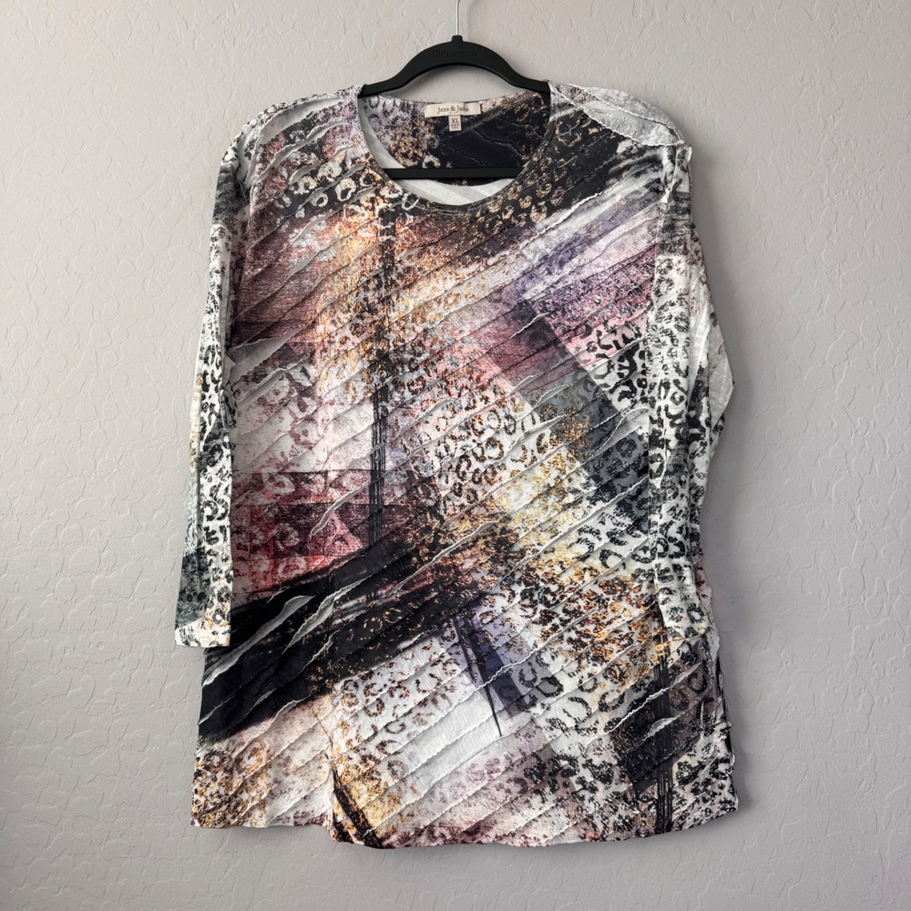 Jess & Jane Women's XL 3/4 Sleeve Abstract Animal Print Tunic Top Blouse